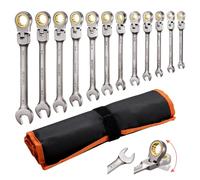 VEVOR Jeu de Clés Mixtes 12PCs, Clé Plate à Cliquet à Tête Flexible, pour Réparation Domestique et Automobile, Taille SAE, Extrémité Fourche, 72 Dents, en Acier Cr-V, avec Trousse Enroulable
