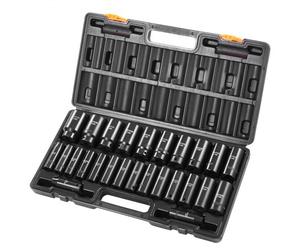 VEVOR Jeu de Douilles à Choc 12,7 mm 26PCs, Douilles à Impact Métriques Profondes 10-36 mm, 6 Pans en Acier Allié Cr-V, avec Mallette de Transport, pour Réparation Auto