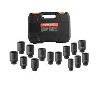 VEVOR Jeu de Douilles à Chocs Profondes pour Écrous d’Essieu 14PCs, Coffret de Douilles pour Écrous à Entraînement de 1/2 po 12,7 mm, Métriques, 6 et 12 Pans, Outil de Montage et Démontage Réparation