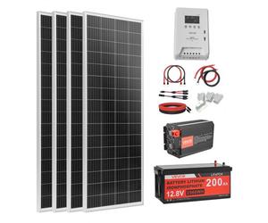 VEVOR Kit Solaire Complet Hors Réseau 400 W 12 V 4 Panneaux Solaires Monocristallins 100 W, Batterie LiFePO₄ 12,8 V 200 Ah, Contrôleur de Charge MPPT 40 A, Onduleur 2000 W, pour Camping-car, Maison