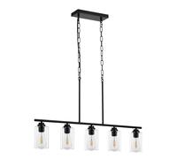 VEVOR Éclairage d'îlot de cuisine, 5 lumières, lampe suspension linéaire de ferme 60 W, avec abat-jour en verre transparent, 4 tiges et 2 chaînes en métal, luminaire réglable pour salle à manger, E27