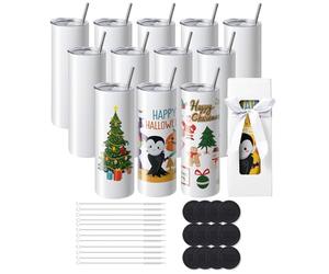 VEVOR Lot de 12 Gobelets Thermos à Sublimation de 95 ins et Droits, Bouteille Sublimable en Acier Inoxydable, Vierges, à Double Paroi, Cadeaux Personnalisés avec Couvercle et Paille, Boîte Cadeau
