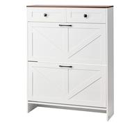 VEVOR Meuble à chaussures avec 2 tiroirs rabattables, armoire de rangement à chaussures de style ferme, 2 tiroirs et dispositif anti-basculement, pour entrée, couloir, chambre, salon, blanc et noyer