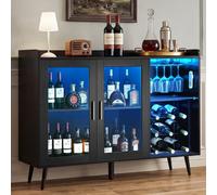 VEVOR Meuble Bar, Buffet de Cuisine 120x40x90 cm, Rangement pour Coin Café Salon Cuisine Salle à Manger Maison, Armoire à Vin avec 9 Casiers à Bouteilles, Porte-verres et Éclairage LED Réglable, Noir