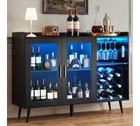 VEVOR Meuble Bar, Buffet de Cuisine 120x40x90 cm, Rangement pour Coin Café Salon Cuisine Salle à Manger Maison, Armoire à Vin avec 9 Casiers à Bouteilles, Porte-Verres et Éclairage LED Réglable, Noir