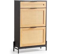 VEVOR Meuble de Rangement à Chaussures en Rotin, Armoire à Chaussures avec 2 Abattants et 1 Tiroir Coulissant, Range-Chaussures Minces avec Pieds en Métal, Meuble d'Entrée et de Couloir,, Noir