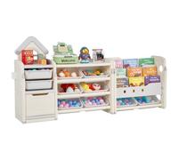VEVOR Meuble de rangement jouets enfant à 4 niveaux avec bibliothèque, étagère d'organisateur de jouets avec 10 bacs en plastique amovibles, pour salle de jeux, salle de classe, crèche, gris et beige