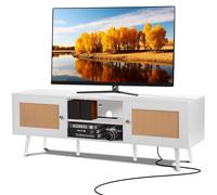 VEVOR Meuble TV en Rotin pour Téléviseur de 65 pouces, Banc TV Bohème Porte en Rotin, Centre de Divertissement avec Prise Intégrée et Ports USB, Console TV Moderne pour Salon, Salle Multimédia, Blanc