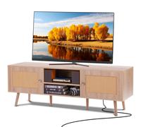 VEVOR Meuble TV en Rotin pour Téléviseur 165 cm Banc TV avec Prise Intégrée Chêne