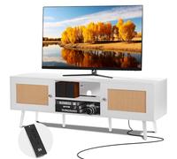 VEVOR Meuble TV en Rotin pour Téléviseur de 65 Pouces, Banc TV Bohème Porte en Rotin, Centre de Divertissement avec Prise Intégrée et Ports USB, Console TV Moderne pour Salon, Salle Multimédia, Blanc
