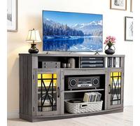 VEVOR Meuble TV pour Télé de 165 cm, Banc TV en Bois de Style Campagnard, Centre de Divertissement avec Bande Lumineuse, Portes Vitrées et Étagères Réglables, pour Salon, Salle Multimédia, Gris