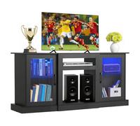 VEVOR Meuble TV pour Télévision Jusqu’à 165 cm, Banc TV Moderne en Bois, Centre de Divertissement avec Bande Lumineuse, Portes et Étagères Réglables, Rangement pour Salon, Salle Multimédia, Noir