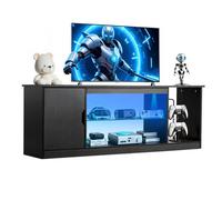 VEVOR Meuble TV pour Télévision jusqu’à 165 cm, Banc TV Moderne en Bois, Centre de Divertissement avec Bande Lumineuse, Étagères en Verre et Réglables, Rangement pour Salon, Salle Multimédia, Noir