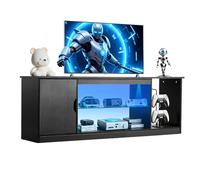 VEVOR Meuble TV pour Télévision jusqu’à 165 cm, Banc TV Moderne en Bois, Centre de Divertissement avec Bande Lumineuse, Étagères en Verre et Réglables, Rangement pour Salon, Salle Multimédia, Noir