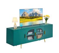 VEVOR Meuble TV pour Télévision Jusqu’à 190,5 cm, Banc TV Moderne, Centre de Divertissement avec Portes Vitrées, Pieds Dorés et Étagères Réglables, Rangement pour Salon, Salle Multimédia, Vert