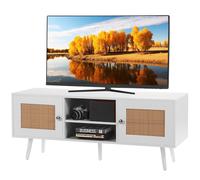 VEVOR Meuble TV en rotin, 1200 x 400 x 490 mm, console TV bohème pour télévisions de 55'', meuble TV moderne du milieu du siècle, banc TV avec étagères réglables pour salon et salle multimédia, blanc