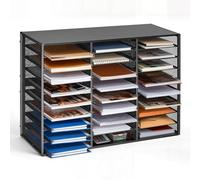 VEVOR Organisateur de Bureau, Trieur à 27 Cases avec Panneaux de Grillage Métallique Amovibles, pour Fichiers Documents Magazines École, Casier à Courrier avec Comptoir en Bois, Classeur de Table Noir