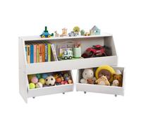 VEVOR Organisateur de jouets en bois, bibliothèque pour enfants avec rangement, meuble de rangement pour jouets avec 2 tiroirs mobiles, pour chambre, crèche, salon, entrée, école maternelle, blanc