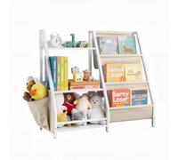 VEVOR Organisateur de jouets tout-petits, bibliothèque enfants à 3 niveaux, meuble de rangement avec porte-livres et sac de rangement pour chambres, salles de jeux, crèches et jardins d'enfants, blanc