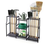 VEVOR Organisateur d'Outils de Jardin à 3 Niveaux Grande Capacité, Support de Rangement en Acier avec Crochets pour Râteaux, Pelles, Balais et Outils à Long Manche, pour Garage et Abri de Jardin, Noir