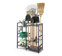 VEVOR Organisateur d'Outils de Jardin à 3 Niveaux, Support de Rangement en Acier, avec Étagères et Crochets, Porte-Outils pour Râteaux, Pelles et Balais, Garage, Abri de Jardin et Extérieur, Noir