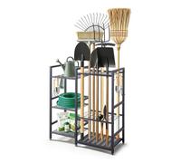 VEVOR Organisateur d'Outils de Jardin à 3 Niveaux, Support de Rangement | Porte-Outils pour Râteaux, Pelles et Balais, Garage, Abri de Jardin et Extérieur, en Acier, avec Étagères et Crochets, Noir