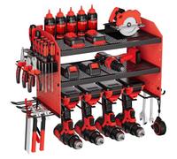 VEVOR Organiseur mural pour outils électriques, support de rangement à 3 niveaux avec 4 supports de perceuse, porte-outils avec panneaux perforés latéraux, étagère à outils pour garage et atelier