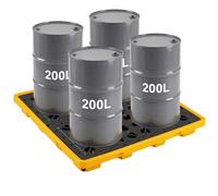 VEVOR Palette de Rétention pour 4 Fûts, Bac de Rétention avec Caillebotis et Drain, Plateforme de Déversement en PEHD à Profil Bas, Capacité 117,4 L, Charge Maximale 4000 kg, 1305x1280x150 mm, Jaune