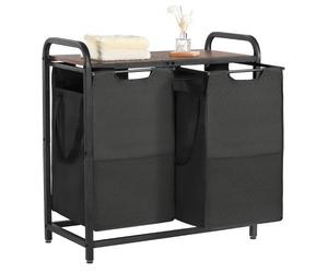 VEVOR Panier à Linge 2 Compartiments, Trieur de Linge avec Sacs Coulissants en Tissu Oxford 600D, Cadre en Métal et Plateau en Bois, pour Vêtements Sales, Buanderie Blanchisserie Chambre Salle de Bain
