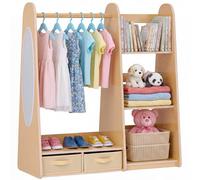 VEVOR Penderie Enfant avec Miroir, Armoire Enfant en Bois avec Étagères, Bacs de Rangement et Tringle à Vêtements, Organisateur de Déguisements pour Fille, Meuble pour Chambre, Salle de Jeux, Naturel