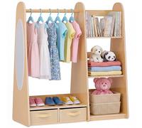 VEVOR Penderie Enfant avec Miroir, Armoire Enfant en Bois avec Étagères, Bacs de Rangement et Tringle à Vêtements, Organisateur de Déguisements pour Fille, Meuble pour Chambre, Salle de Jeux, Naturel