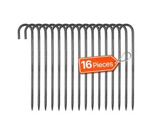 VEVOR Piquets d'Armature 40,6 cm Piquets d'Ancrage au Sol Crochet J Robuste en Acier Galvanisé, Lot de 16, Ancres de Sol Diamètre 10 mm, avec Pointe Biseautée, pour Jardin, Clôtures, Tentes Camping