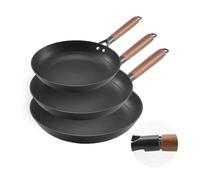 VEVOR Poêle en Fonte Lot de 3PCs 20,5/26,5/31 cm, Sauteuse Antiadhésive Pré-assaisonnée avec Poignée en Bois Amovible, Ustensiles de Cuisine Restaurant, pour Gaz, Électrique, Induction, Noir