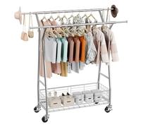 VEVOR Portant à vêtements avec roulettes, porte-manteau roulant avec 2 barres de suspension et panier de rangement, charge de 150 kg, tringle extensible en acier carbone pour chambre, buanderie, salon