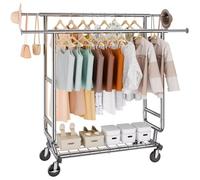 VEVOR Portant à Vêtements Mobile Porte-Manteau avec Roulettes 1 Étagère 2 Tringles Extensible 128-191 cm Hauteur 144-187 cm Penderie à Vêtements en Acier Charge 272 kg pour Rangement Chambre à Coucher