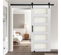 VEVOR Porte de grange coulissante, 813 x 2134 mm, en panneau MDF et verre, kit de porte coulissante avec kit de quincaillerie, surface en PVC imperméable, facile à installer, cadre en H, pour salon