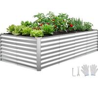 VEVOR Potager surélevé en métal 240 x 120 x 62 cm, potager rectangulaire, kit de bacs à fleurs pour l'extérieur, potager avec gants, parterre de fleurs sans fond, bac à fleurs et légumes, argent
