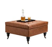 VEVOR Pouf de rangement carré en cuir, table basse capitonnée et rembourrée avec roulettes, ottomane de rangement en similicuir haute densité, repose-pieds pour salon, chambre, dortoir, marron