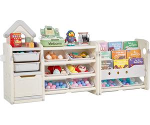 VEVOR Rangement de jouets Bibliothèque Étagère à jouets PEHD, 4 étages de rangement multifonctionnel avec 10 bacs flexibles en plastique, pour chambre à coucher Salle de hambre d'enfant (Gris