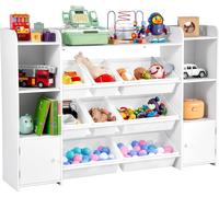 VEVOR Meuble de rangement jouets enfant à 4 niveaux avec bibliothèque, grande étagère d'organisateur de jouets avec 8 bacs en plastique flexibles, pour salle d'étude, chambre, salle de jeux, blanc