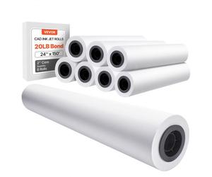 VEVOR Rouleau de papier à dessin blanc, grand format 609,6 mm x 45,7 m, lot de 8 rouleaux de papier pour traceur CAO, noyau de 50,8 mm, pour plans d'ingénierie, cartes SIG, conceptions architecturales