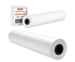 VEVOR Rouleau de papier à dessin blanc, grand format 609,6 mm x 91,4 m, lot de 2 rouleaux de papier pour traceur CAO, noyau de 50,8 mm, pour plans d'ingénierie, cartes SIG, conceptions architecturales