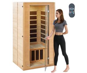 VEVOR Sauna infrarouge lointain pour 1-2 personnes, cabine sauna domestique en bois pruche infrarouge faible EMF avec porte en verre trempé, lampe multicolore, haut-parleurs Bluetooth, chromothérapie