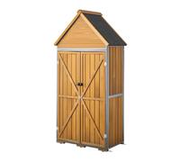 VEVOR Armoire Jardin en Bois et Métal 112x170 cm Meuble Rangement Extérieur, pour Terrasse, Balcon, Porche, Étanche, avec Toit en Pente, Étagère Amovible, Base Surélevée, Porte Verrouillable, Marron