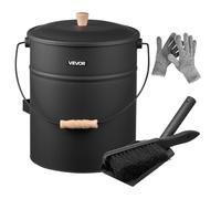 VEVOR Seau à Cendres, 4 pièces, Seau à Charbon de Bois et cendrier en métal avec Couvercle, Pelle, Balai et Gants, Grande capacité de 15 L pour cheminée, foyers, poêles à Bois, intérieur et extérieur
