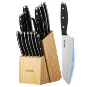 VEVOR Set Couteaux Cuisine avec Bloc et Aiguiseur 15PCs, Bloc de Couteaux Tranchants en Inox à Haute Teneur en Carbone, Coutellerie de Cuisine avec Manche Ergonomique, pour Cuisinier Amateurs