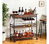 VEVOR Desserte Polyvalente, Chariot de Service pour Bar 3 Niveaux 88x36x83 cm, Rangement Vins Ustensiles Boissons Cuisine, Bar Roulant Plateaux en Bois, Range-Bouteilles et Porte-Verres, Marron Noir