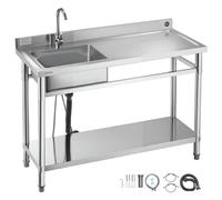 VEVOR Évier cuisine utilitaire en acier inoxydable, évier professionnel autoportant à cuve unique gauche, avec robinet, tuyau d'eau chaude et froide pour garage, restaurant, buanderie, 120x50x94 cm