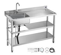VEVOR Évier cuisine utilitaire en acier inoxydable, évier professionnel autoportant à cuve unique avec robinet, tuyau d'eau chaude et froide, 2 étagères pour garage, restaurant, buanderie 120x50x94 cm