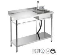 VEVOR Évier cuisine utilitaire en acier inoxydable, évier professionnel autoportant à cuve unique droite, avec robinet, tuyau d'eau chaude et froide pour garage, restaurant, buanderie, 1200x500x940 mm